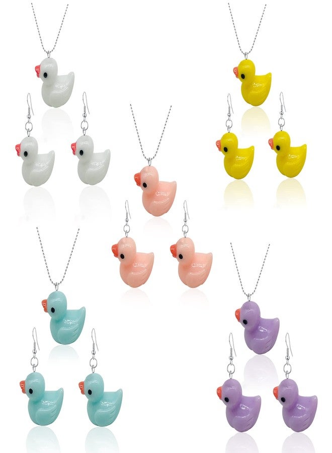 Anmpab 5 Pairs Weird Rein Cute Yellow Duck Drop Earring Necklace Set Funny Kawaii for Women Jewelry Lovely Duck Animal Dangle Earring Set Statement (5 Pairs Duck- White+Yellow+Pink+Green+Violet) - Image 1